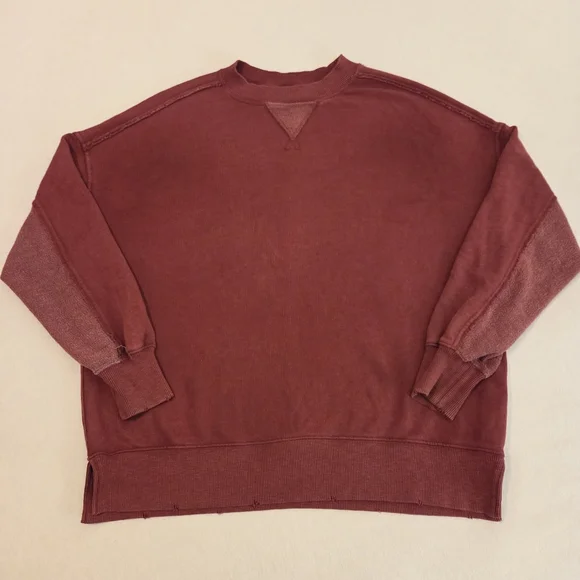AERIE Big Chill Cherry Tart Textured Distressed Oversized Crewneck Sweatshirt XS - Picture 7 of 13